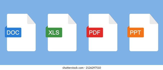 Conjunto de vectores de iconos de tipo de archivo. Formato de los documentos. Conjunto de pdf, doc, xls, ppt. Vector 10 EPS.