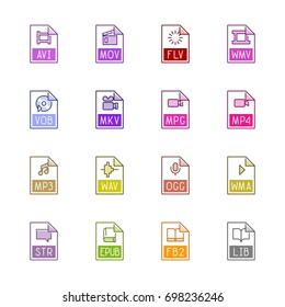 File type icons: Video, sound, and books - Line Color