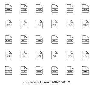 File type line icons. File formats in flat design. File and documents extensions. Icons for ui. Vector illustration.