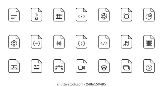 Tipo de archivo iconos de línea. Formatos de archivo en diseño plano. Extensiones de archivos y documentos. Iconos para ti. Ilustración vectorial.