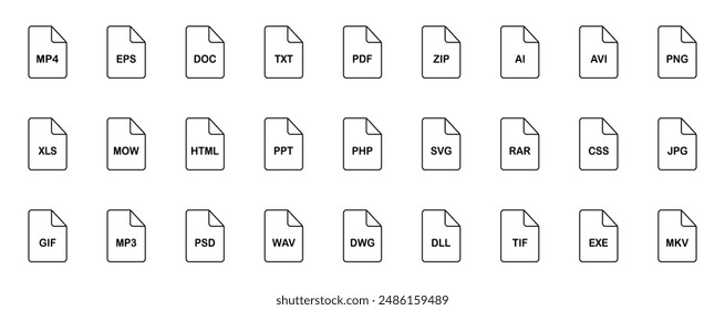 Tipo de archivo iconos de línea. Formatos de archivo en diseño plano. Extensiones de archivos y documentos. Iconos para ti. Ilustración vectorial.