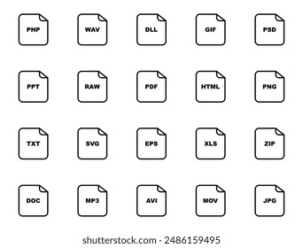 File type line icons. File formats in flat design. File and documents extensions. Icons for ui. Vector illustration.