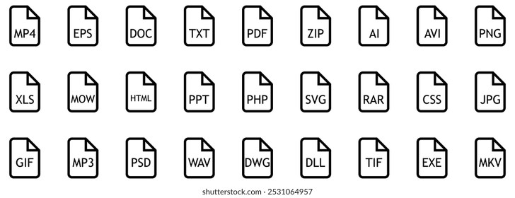 Ícones de linha de tipo de arquivo. Formatos de arquivo em design simples. Extensões de arquivos e documentos. Ícones para a interface do usuário. Ilustração vetorial isolada sobre fundo branco.