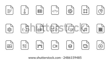 File type line icons. File formats in flat design. File and documents extensions. Icons for ui. Vector illustration.