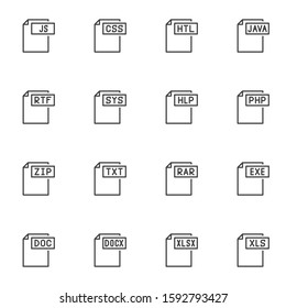 File type line icons set. Document File Format linear style symbols collection, outline signs pack. vector graphics. Set includes icons as css, htl, java, rtf, sys, hlp, php, zip, txt, rar, exe, doc