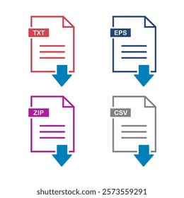 File type on white background. File type download icon. File type icons. Format and extension of documents. Set of pdf, doc, excel, Png, jpg, psd, gif, csv, xls, ppt, html, txt and others.