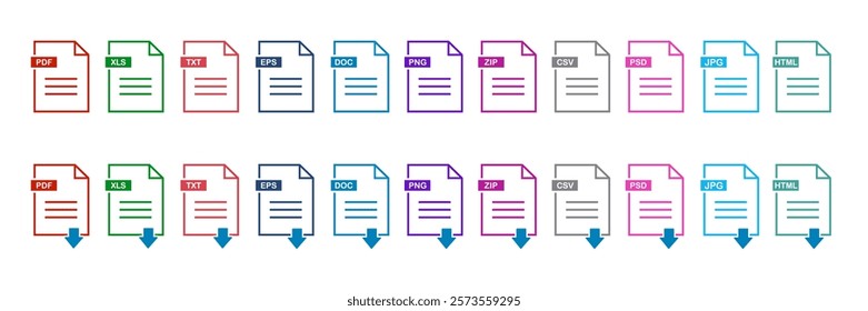 File type on white background. File type download icon. File type icons. Format and extension of documents. Set of pdf, doc, excel, Png, jpg, psd, gif, csv, xls, ppt, html, txt and others.