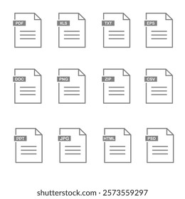 File type on white background. File type download icon. File type icons. Format and extension of documents. Set of pdf, doc, excel, Png, jpg, psd, gif, csv, xls, ppt, html, txt and others.