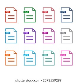 File type on white background. File type download icon. File type icons. Format and extension of documents. Set of pdf, doc, excel, Png, jpg, psd, gif, csv, xls, ppt, html, txt and others.