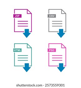 File type on white background. File type download icon. File type icons. Format and extension of documents. Set of pdf, doc, excel, Png, jpg, psd, gif, csv, xls, ppt, html, txt and others.