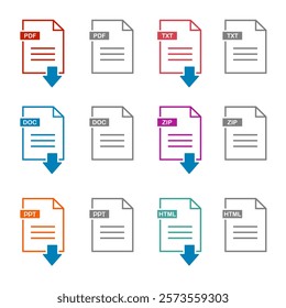 File type on white background. File type download icon. File type icons. Format and extension of documents. Set of pdf, doc, excel, Png, jpg, psd, gif, csv, xls, ppt, html, txt and others.