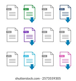 File type on white background. File type download icon. File type icons. Format and extension of documents. Set of pdf, doc, excel, Png, jpg, psd, gif, csv, xls, ppt, html, txt and others.