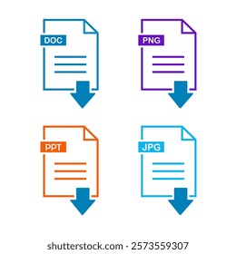 File type on white background. File type download icon. File type icons. Format and extension of documents. Set of pdf, doc, excel, Png, jpg, psd, gif, csv, xls, ppt, html, txt and others.