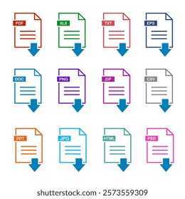 File type on white background. File type download icon. File type icons. Format and extension of documents. Set of pdf, doc, excel, Png, jpg, psd, gif, csv, xls, ppt, html, txt and others.