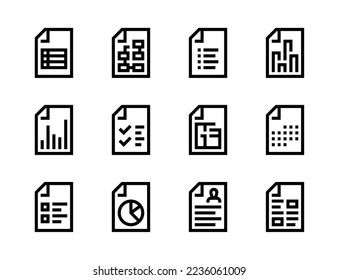 Iconos vectores de línea de formulario de tipo de archivo y de línea de formulario de página. Informe de archivo, formato de documento y conjunto de iconos de esquema de trazo editable de Papel.