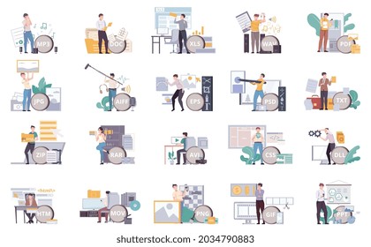 File type set with isolated icons of flat working places and professionals with different extensions text vector illustration