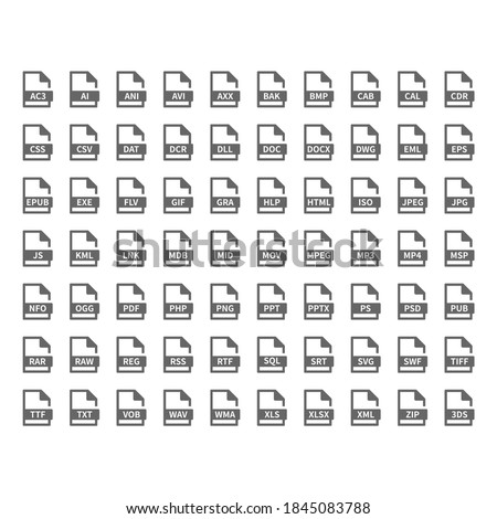 File type vector icons. File format icon set, files buttons.