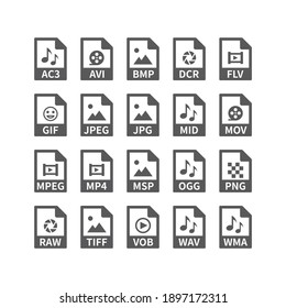 File type vector icons for media files. Avi, Mp3, music and video, picture formats buttons.