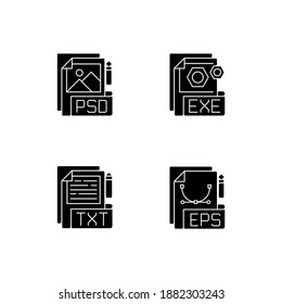 File types black glyph icons set on white space. PSD. EXE. TXT. EPS. Raster image, vector image, executable files. Simple text editors. Silhouette symbols. Vector isolated illustration