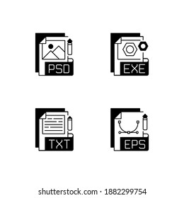 File types black linear icons set. PSD. EXE. TXT. EPS. Raster image, vector image, executable files. Simple text editors. Glyph contour symbols. Vector isolated outline illustrations