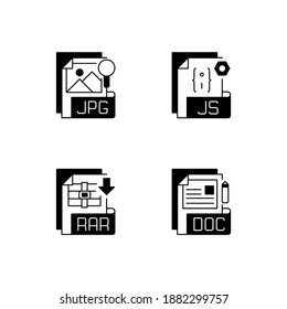 File types black linear icons set. JPG. JS. RAR. DOC. Text, raster image, web, compressed files. Digital images. Javascript source code. Glyph contour symbols. Vector isolated outline illustrations
