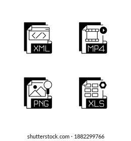 File types black linear icons set. XML. MP4. PNG. XLS. Spreadsheet, data, video, raster image files. Extensible markup language. Glyph contour symbols. Vector isolated outline illustrations