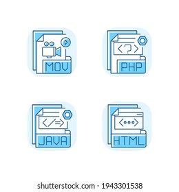 File types blue RGB color icons set. MOV. PHP. JAVA. HTML. Video, web, executable files. Source code. Compression algorithm. Web server. HTML form. Source code Isolated vector illustrations