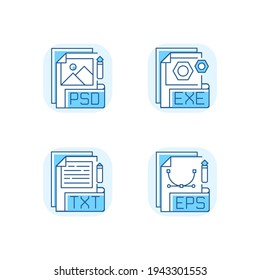 File types blue RGB color icons set. PSD. EXE. TXT. EPS. Raster image, vector image, executable files. Simple text editors. Software installers. Document format. Isolated vector illustrations