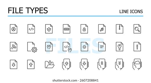 File types. Data storage icons. Download and upload, settings, media and system. Vector icons set