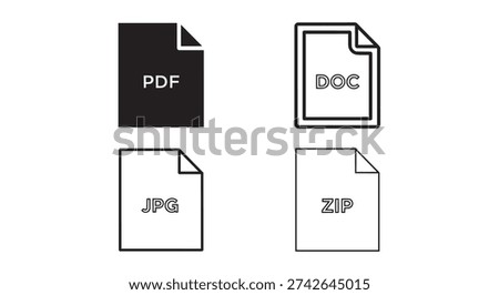 File types icons set pdf doc jpg zip document symbols black and white illustration business concept graphics