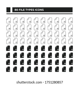 File types icons in simple line and solid style for graphic web design. File type icons set - zip, pdf, jpg, doc. Black symbol isolated on white background. 