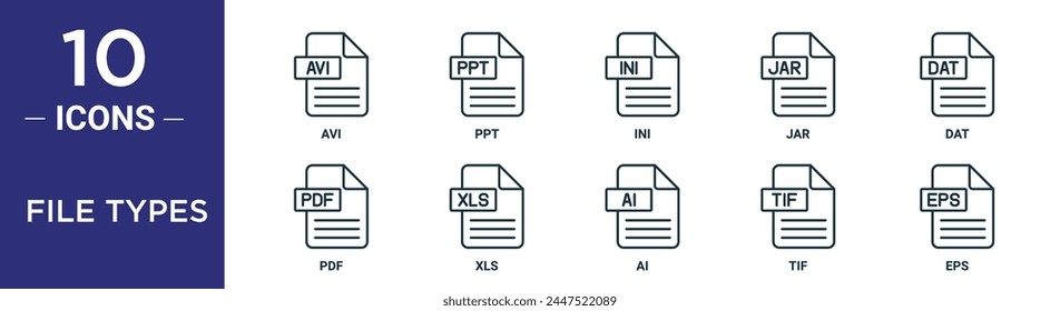 file types outline icon set includes thin line avi, ppt, ini, jar, dat, pdf, xls icons for report, presentation, diagram, web design