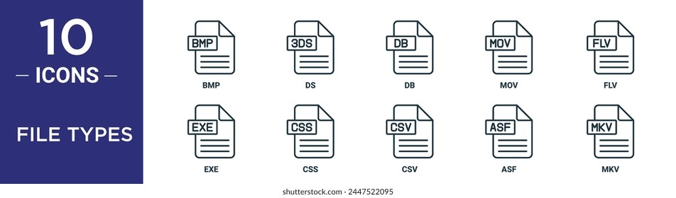 file types outline icon set includes thin line bmp, ds, db, mov, flv, exe, css icons for report, presentation, diagram, web design