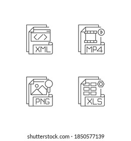 File types pixel perfect linear icons set. XML. MP4. PNG. XLS. Spreadsheet, video, raster image files. Customizable thin line contour symbols. Isolated vector outline illustrations. Editable stroke