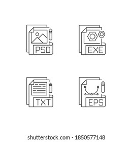 Los tipos de archivo configuran iconos lineales perfectos en píxeles. PSD. EXE. TXT. EPS. Raster, imagen vectorial, archivos ejecutables. Símbolos de contorno de línea delgada personalizables. Ilustraciones aisladas del contorno vectorial. Trazo editable