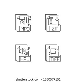 File types pixel perfect linear icons set. MP3. ZIP. WAV. TIFF. Audio, compressed, text files. Customizable thin line contour symbols. Isolated vector outline illustrations. Editable stroke