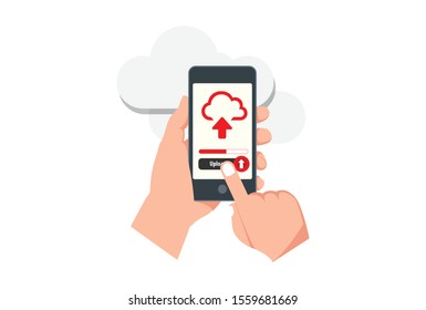 File upload button on smartphone screen. Hand holds smartphone, finger touches button. Downloading document concept for web banners, web sites, infographics. Creative flat design vector illustration