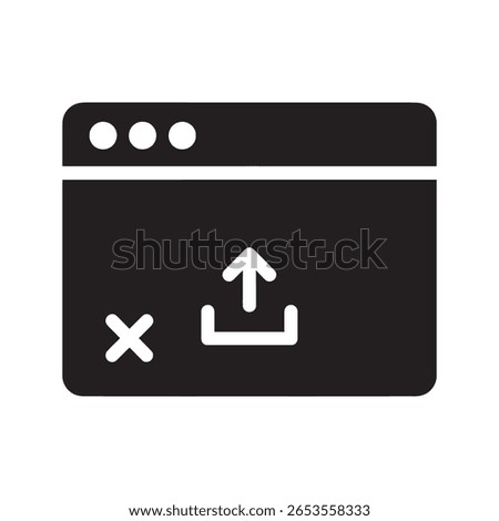 File upload icon in browser window for data transfer and cloud storage application sharing information online with a cancel or remove option vector solid glyph icon