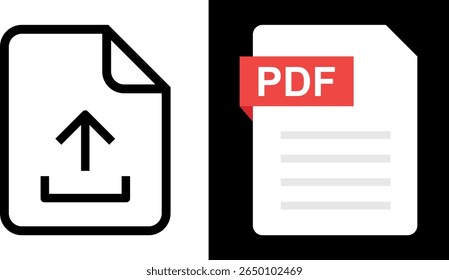 File Upload Line Vector Icon And Pdf Document Note Icon In Flat Style.