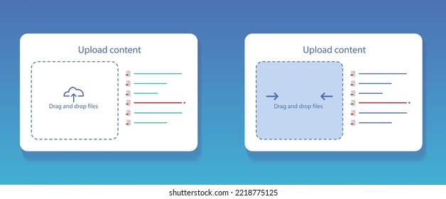 diseño de interfaz de usuario de cargador de archivos, ventana de carga de imágenes, plantilla vectorial de página web. Cargar el botón de contenido, arrastrar y soltar el área. presentación de acciones de UI UX