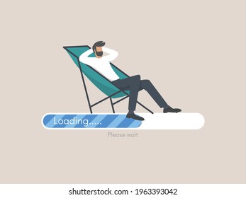 Concepto de carga de archivos, personaje joven esperando carga web apoyado en una barra de progreso