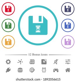 File waiting flat color icons in circle shape outlines. 12 bonus icons included.