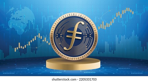 Filecoin FIL cripto logo y símbolo de la moneda de moneda sobre fondo de infografía financiera. Banner y fondo de pantalla de ilustraciones vectoriales de tecnología futurista 