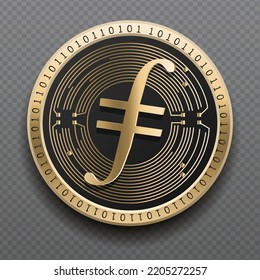 Filecoin (FIL) cryptocurrency golden coin isolated in transparent background. Virtual currency token symbol vector illustration based on cryptography and block chain technology.