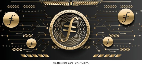 Filecoin FIL cryptocurrency golden coin on futuristic technology background vector illustration banner and wallpaper template 