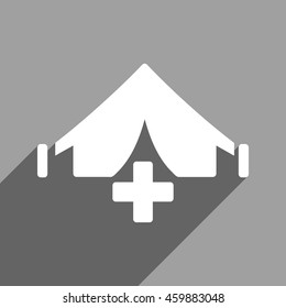 Filed Hospital long shadow vector icon. Style is a flat filed hospital white iconic symbol on a gray square background.