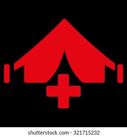 Filed Hospital vector icon. Style is flat symbol, red color, rounded angles, black background.