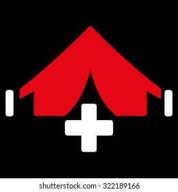 Filed Hospital vector icon. Style is bicolor flat symbol, red and white colors, rounded angles, black background.