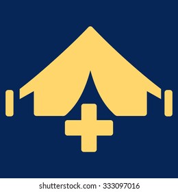 Filed Hospital vector icon. Style is flat symbol, yellow color, rounded angles, blue background.