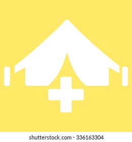 Filed Hospital vector icon. Style is flat symbol, white color, rounded angles, yellow background.